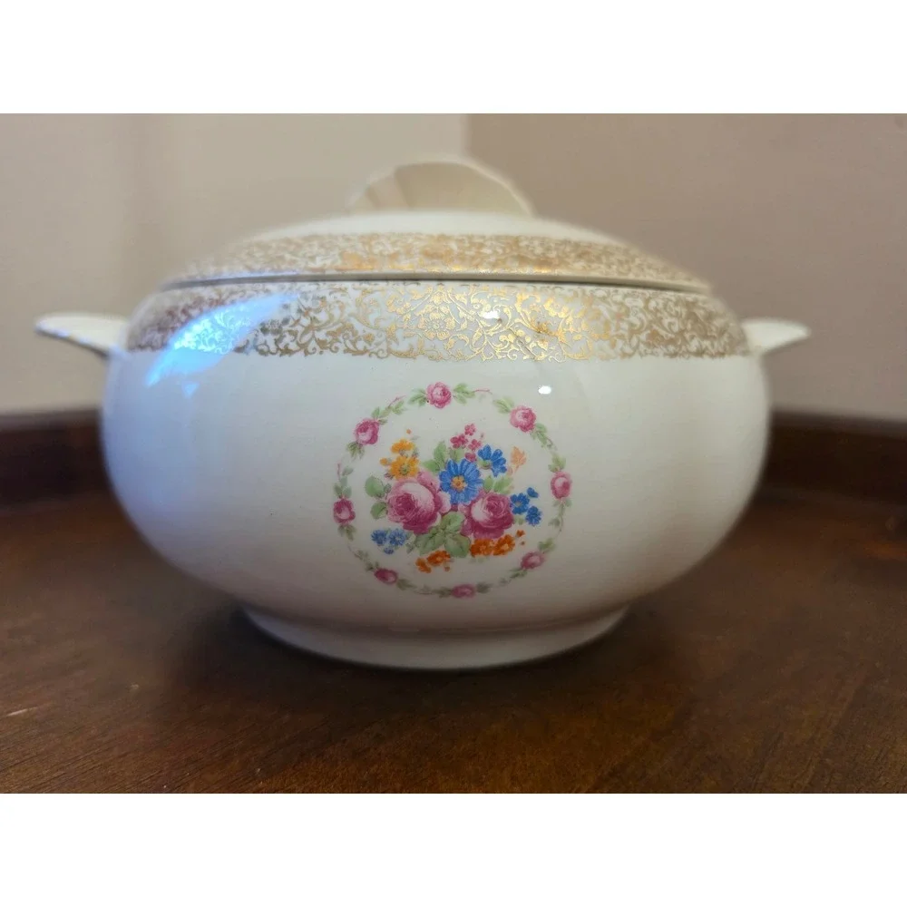 Vintage Paden City Pottery Bak-Serv Lidded Tureen Casserole Dish 22K Gold 1930s